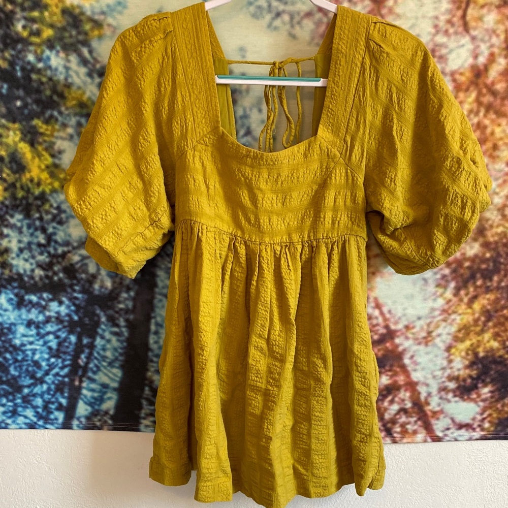 Free People chartreuse Mini Dress puff sleeves pockets open back square neckline